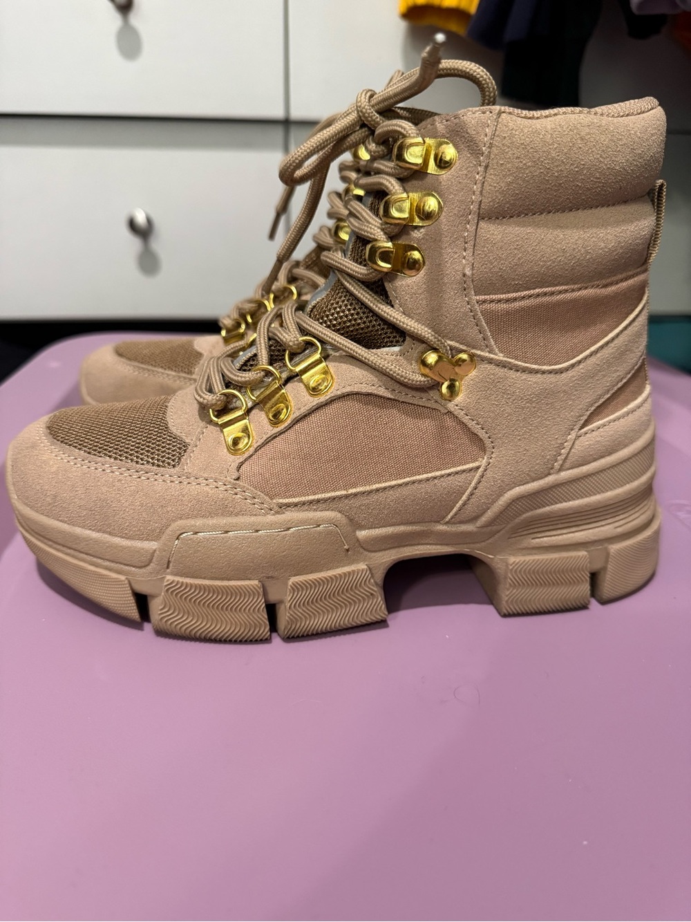 Chunky Beige Lace-Up Pretty Little Thing Boots!
